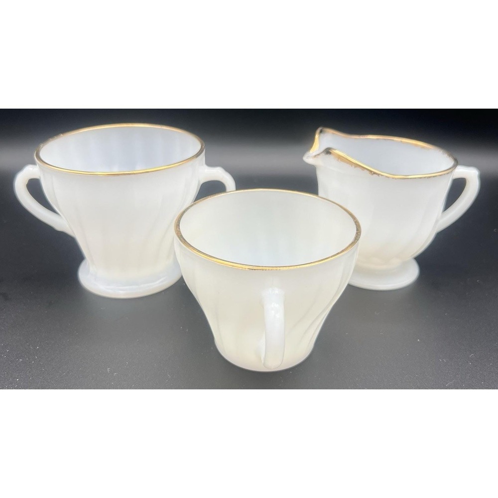 Fire King Golden Anniversary Milk Glass Swirl Gold Edge Sugar Creamer Dish + EUC